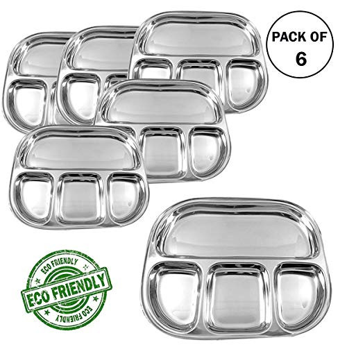 IndiaBigShop Stainless Steel Oval Shape 4 compartment Thali Mess Trays For Lunch and Dinner Plaes, Outdoor Comping Plates, Restaurant Steel Plates, Kids Dinner Plate Set of 6 - 13 inch