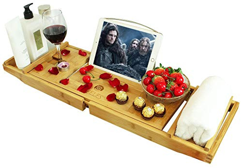 IFELES Bamboo Bathtub Caddy Tray with Extending Sides, Adjustable Book or Tablet Holder, Cellphone Tray Organizer and Wine Glass Holder, Nature Bamboo Color