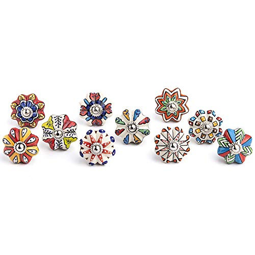 Artncraft Set Vintage Color Multi Designed Ceramic Cupboard Cabinet Door Knobs Drawer Pulls & Chrome Hardware (Multi Color 10)