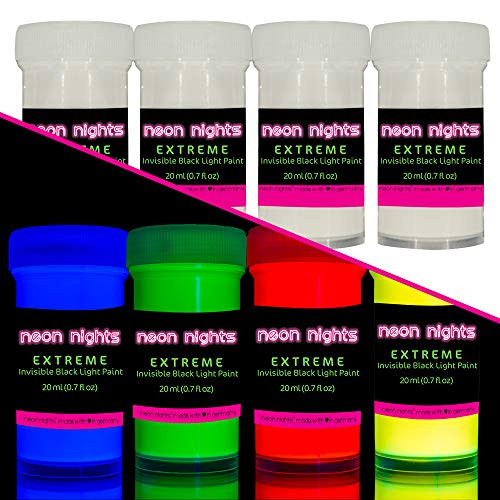 Invisible Blacklight Paint Extreme by neon nights  Set of 4 Invisible UV Paints  Long-Lasting & Bright Neon Colors for Blacklights, UV Lights  Fluorescent Glow Paints