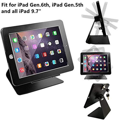 CarrieCathy iPad Desktop Anti-Theft Security Kiosk POS Stand Holder Enclosure with Lock & Key for Tablets iPad 2,3,4, iPad air, iPad air 2, iPad Pro 9.7", iPad 2017 & 2018, Flip & Rotate Design, Black