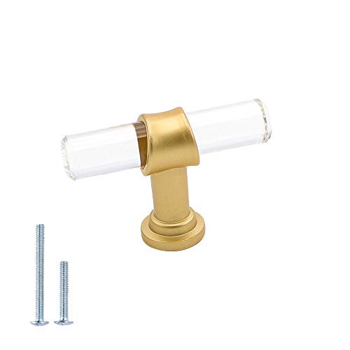 5 Pack goldenwarm Crystal Drawer Knobs Gold Cabinet Knobs - LS9165GD Single Hole T Bar Pull Lucite Kitchen Door Cabinet Drawer Knobs and Pulls Crystal Knobs for Cabinets