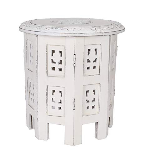 Solid Wood Hand Carved Accent Table, Side Table, Entryway Table, Side Tables for Small Spaces, Wooden End Table, Bedside Table, Octagonal Wooden Table- 12 Inch Round Top x 12 Inch High- White Antique