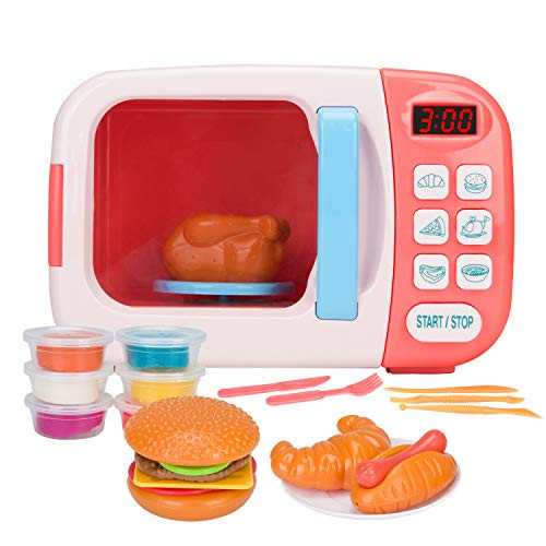 Christoy Microwave Kitchen Play Set with Light Sound for Kids with Pretend Fake Food and 6 Color DIY Play-Dough Clay Great for Toddlers 3 and Older Grils and Boys (Pink)
