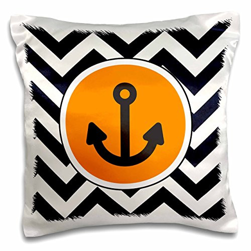 3D Rose Image Anchor in Orange Circle On Black White Chevron Pillow Case, 16" x 16"