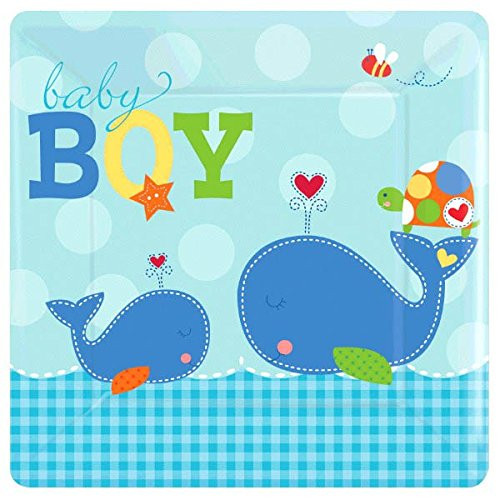 amscan Ahoy Baby Boy Square Dinner Plates Shower Party Tableware, Paper, 10", Pack of 8