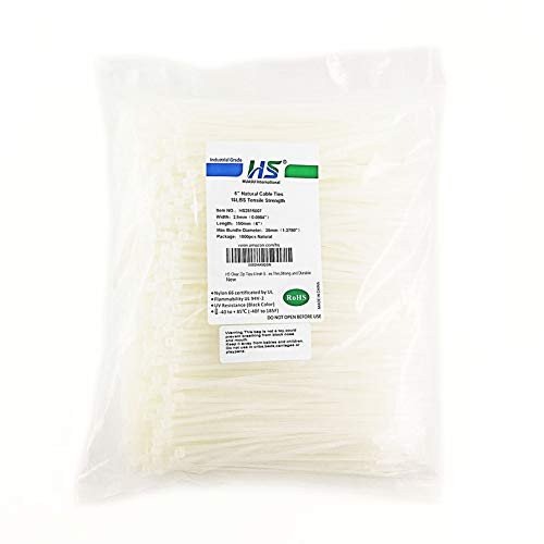 HS Clear Zip Ties 6 Inch Small (1000 Pack) 18 LBS Self Locking Zip Ties White Nylon Ties Thin,Strong and Durable