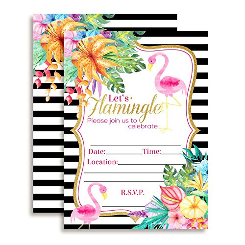 Amanda Creation Watercolor Tropical Flamingo Fill in Party Invitations, Set of 20 Including envelopes