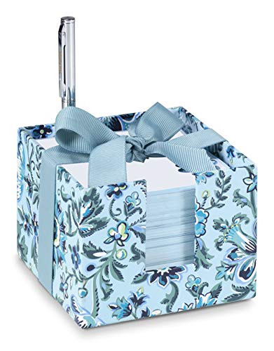 Vera Bradley Blue Floral Note Cube with Black Ink Pen, 3.75" x 3.75" with 400 Sheets, Cloud Vine