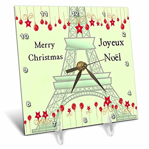 3dRose dc_57236_1 Joyeux Noel Merry Christmas in French Eiffel Tower Desk Clock, 6 by 6-Inch