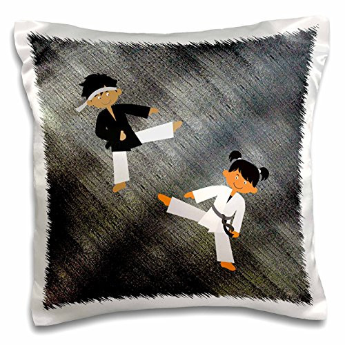 3dRose pc_211536_1 Karate Boy and Girl with Black Belt Background Gray Textured Pillow Case, 16" x 16"