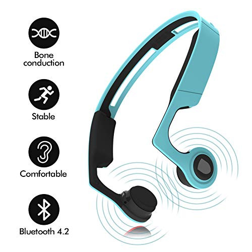 Kasono Ear Bone Conduction Headphones Bluetooth 4.2 with Mic, Sports Open-Ear Stereo Wireless Headset, Sweatproof Earphone for Running Driving Riding Fitness, Lightweight-Blue