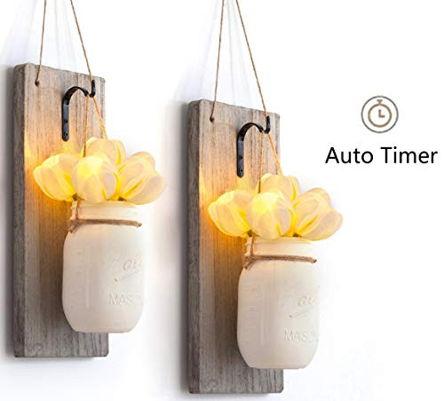 HOMESEASONS Rustic Home Decor, Set of 2 Mason Jar Sconces, Hanging Mason Jar Sconce, Mason Jar Decor, Wall Sconce,Wall Decor, Mason Jar Sconce with Tulips (Set of 2) (White)