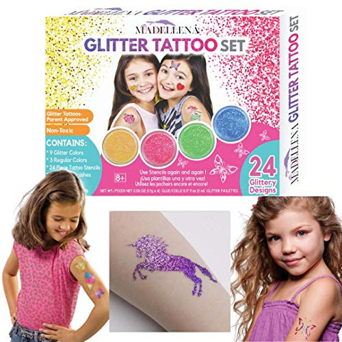 MADELLENA Glitter Tattoo Kit, Glitter Tattoos for Girls, Glitter Tattoo Kit for Girls, Tattoos for Kids, Temporary Tattoos for Kids, Temporary Tattoos for Girls