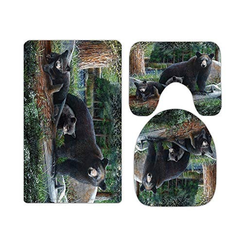 Black Bear Bathroom Rugs and Mats Sets 3 Piece, Memory Foam Bath Mat, U-Shaped Contour Shower Mat Non Slip Absorbent, Velvet Toilet Lid Cover Washable