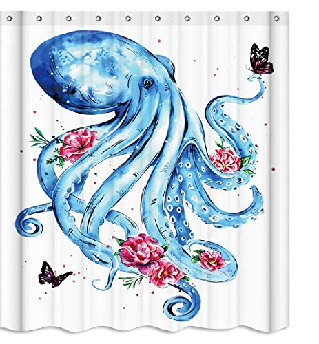 Sea Animal Blue Octopus Flower Fabric Shower Curtain Sets Bathroom Decor with Hooks Waterproof Washable 71 x 71 inches Pink Black