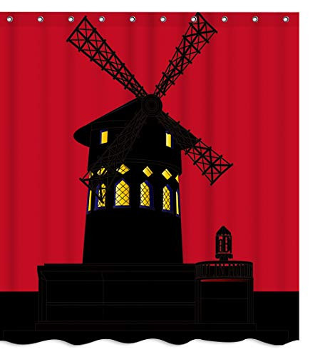 Western Windmill Countryside Fabric Shower Curtain Sets Bathroom Decor with Hooks Waterproof Washable 71 x 71 inches Black Red