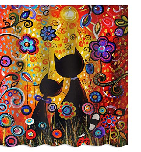 Cute Cat Couple Flowers Fairy Fabric Shower Curtain Sets Bathroom Decor with Hooks Waterproof Washable 71 x 71 inches Black Yellow Purple