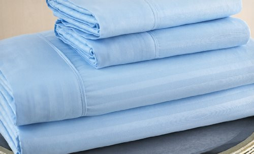 Ruthy's Textile Queen Size Light Blue 300 Thread Count 100% Cotton Sateen Dobby Stripe Sheet Set