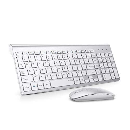 TopMate Wireless Keyboard and Mouse Combo 2.4GHz Ultra Thin Silent Wireless Keyboard and Mouse Ergonomic Design for Laptop PC | Silver White