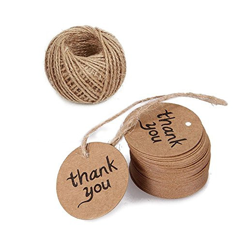 Thank You Tags,Gift Wrap Tags,100 Pcs Kraft Paper Tags with String, Vintage Wedding Favor Tags with 100 Feet Jute Twine