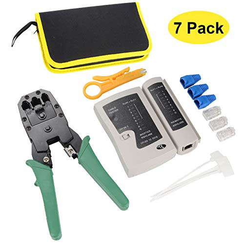 Ethernet Crimper Tool Kit, 7 Sets Kinoth Network Tool Kit with LAN Crimping Tool, RJ45 Tester, 50 Pack Cat6/Cat5e Connectors, Wire Boot, Cable Marker Ties, Piler for Network Repair, Installation