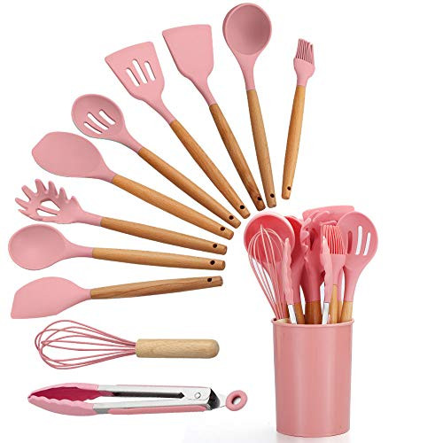 TileMiun Silicone Cooking Utensils Set, Non-stick Silicone Cooking Kitchen Utensils Spatula Set with Holder, Woodle Handle Heat Resistant Silicone Kitchen Gadgets Utensil Set (Pink, 12 Pieces)