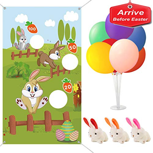 Kithouse Easter Games for Kids Adults Family Party Easter Egg Hunt Bunny Games Indoor Outdoor, 3 Bunnies Bean Bags Toss Game + Balloon Stand Kit for Easter Kids Families Games Party Favors