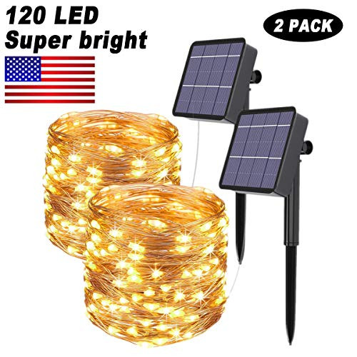 Solar String Lights, 2 Pack 120 LED Solar Fairy Lights 39 Feet 8 Modes Copper Wire Lights Waterproof Outdoor String Lights for Garden Patio Gate Yard Party Wedding Indoor Bedroom Warm White