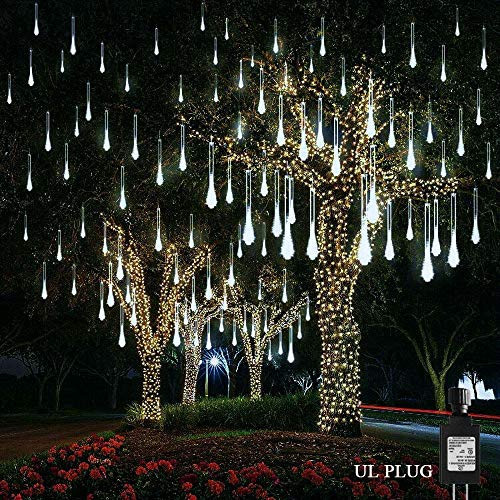 Kwaiffeo Meteor Shower Lights Falling Rain Lights, Christmas Lights Outdoor 12 inch 8 Tube 192 LED Snow Falling Icicle Cascading Lights for Xmas Tree Halloween Decoration Wedding Party, UL Plug, White
