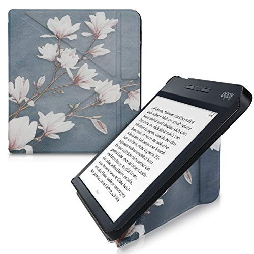 kwmobile Origami Case Compatible with Kobo Libra H2O - Slim Premium PU Leather Cover with Stand - Magnolias Taupe/White/Blue Grey