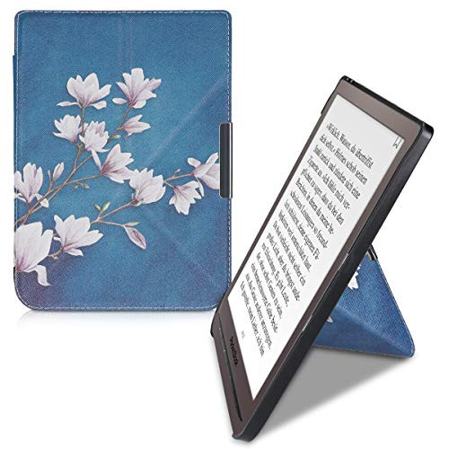 kwmobile Origami Case Compatible with Pocketbook InkPad 3/3 Pro - Slim Premium PU Leather Cover with Stand - Magnolias Taupe/White/Blue Grey