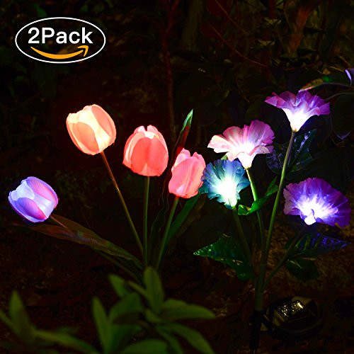 Solarmart Outdoor Solar Garden Lights - 2 Pack Solar Powered Lights, Multi-color Changing LED Solar Stake Lights for Garden, Patio, Backyard (Tulip and Morning glory Flower)