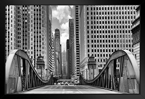 La Salle Street Bridge Chicago Illinois Black and White BW Photo Black Wood Framed Art Poster 20x14