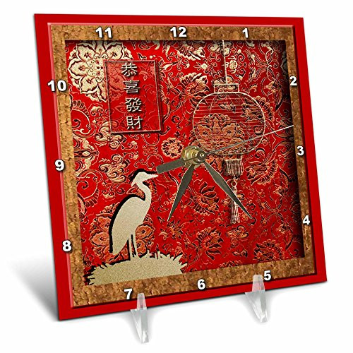 3dRose dc_12349_1 Desk Clock, Lantern and Crane May You Have a Happy and Prosperous New Year in Chinese, 6 by 6-Inch