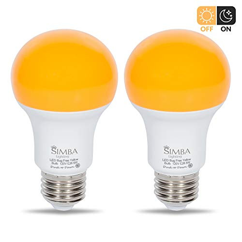 Simba Lighting Bug Repellent Yellow LED Bulb 6W 40W Equivalent, Great for Outdoor Porch Light, Night Light, Dusk-to-Dawn Smart Sensor Auto On/Off, Amber Warm 2000K, A19 E26 Medium Base, Pack of 2