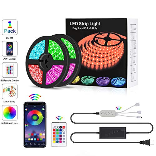 16.4ft/5m Waterproof Music Sync LED Strip Lights, 5050 RGB 300 LEDs Strip Light, Color Changing Led Strip Lights + 24 Keys Remote Control and 12V 5A Power Supply, Led Strip for Home DIY Decoration