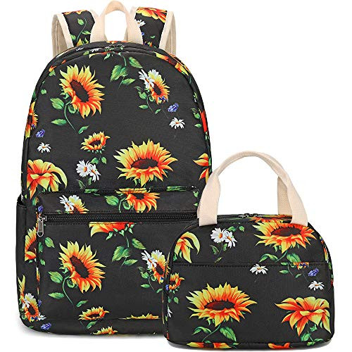 Backpack for Teen Girls Sunflower School Bags Kids Bookbags Set School Backpack with Lunch Box (Sunflower Black)