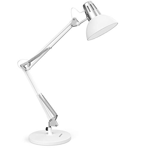 LEPOWER Metal Desk Lamp, Adjustable Goose Neck Architect Table Lamp with On/Off Switch, Swing Arm Desk Lamp with Clamp, Eye-Caring Reading Lamp for Bedroom, Study Room &Office (White)