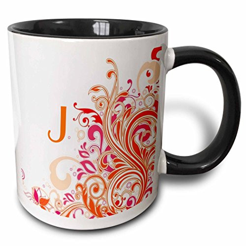 3dRose Letter J On Pretty Pink N Orange Swirls Ceramic Mug, 11oz, Black/White