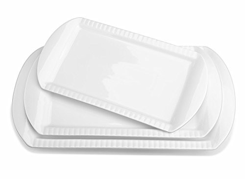 LIFVER Porcelain Serving Platters, Large Rectangular Platters, Embossed Serving Plates, Dinner Platter, 15.6 Inch, 13.8 Inch, 12.2 Inch, Set of 3, White