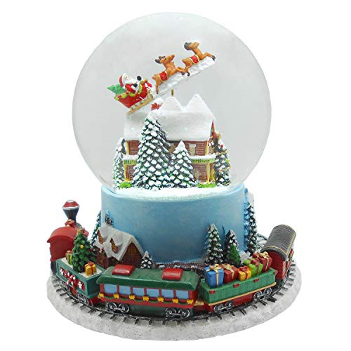 Lightahead Musical Flying Santa Figurine 120MM Poly Resin Water Snow Globe with Inside House and Train at Base revolving