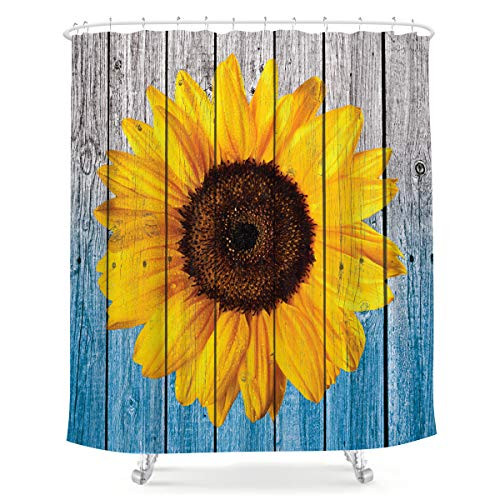 LIGHTINHOME Sunflower Wooden Shower Curtain Floral Wood Rustic Bright Yellow Nature Spring Plant Gradient Blue Fabric Waterproof Bathroom Home Decor Set 72x72 Inch 12 Plastic Hooks