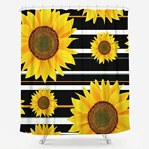 LIGHTINHOME Sunflower Shower Curtain 72Wx84L Inch Bright Yellow Floral Black and White Stripe Rustic Nature Spring Plant Fabric Waterproof Bathroom Home Decor 12 Plastic Hooks