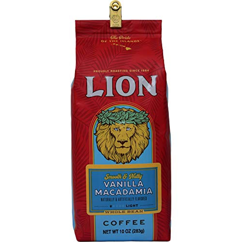 Lion Coffee, Vanilla Macadamia Flavor, Light Roast, Whole Bean, 10 Ounce Bag