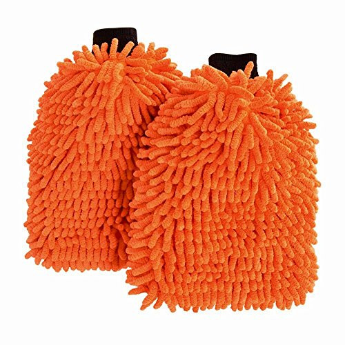 Liquid X Premium Chenille Microfiber XL Car Wash Mitt - Orange - Extra Large Size - 12" x 9" (2 Pack)