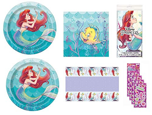 Little Mermaid Ariel Birthday Party Supplies Bundle for 16 includes Plates, Napkins, Table Cover, Stickers