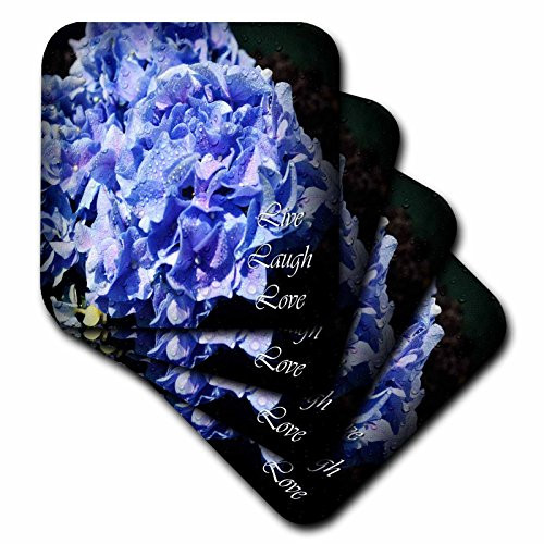 3dRose cst_22506_2 Live Laugh Love Blue Hydrangeas with Rain Drops Soft Coasters, Set of 8