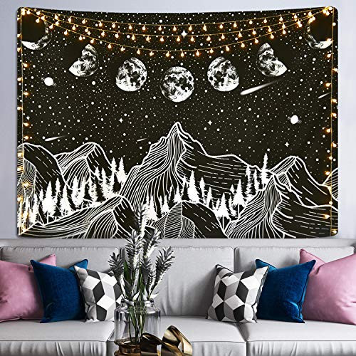 Moon Phase Tapestry Mountain Forest Tapestry Starry Sky Tapestry Black and White Tapestry Wall Hanging for Room (51.2 x 59.1 inches)
