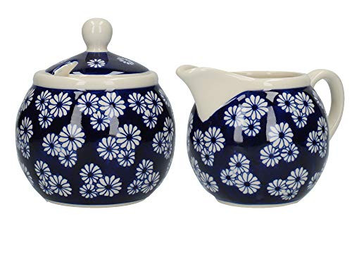London Pottery Out of the Blue Milk Jug and Sugar Bowl Set with Small Daisies Design, Stoneware, White/Blue, 2 Pieces